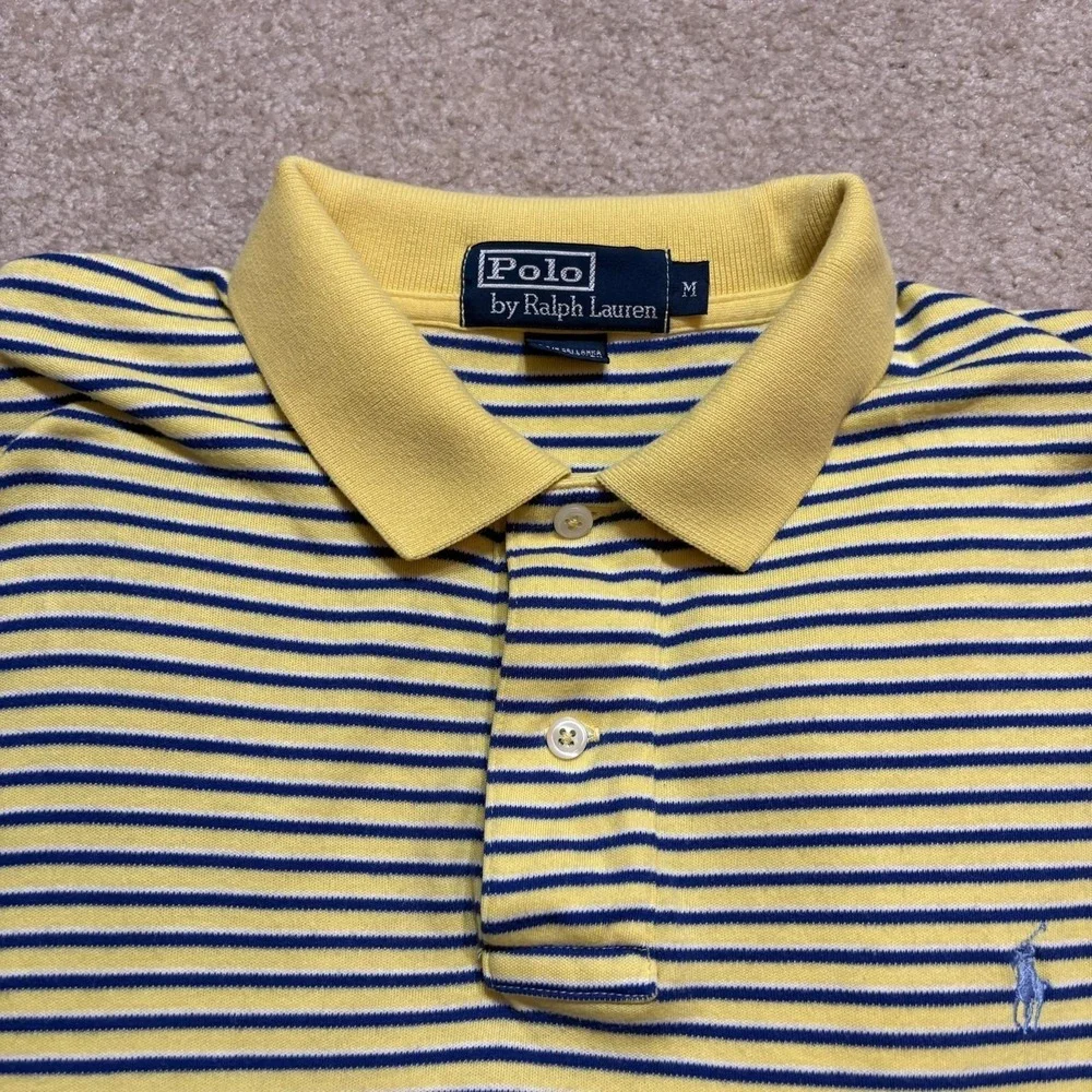 Polo Ralph Lauren Polo Shirt Mens Medium Yellow Blue Stripe Pique Cotton